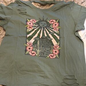 Torrid Olivine Graphic Tee with Sun and Flowers open back distressed detail